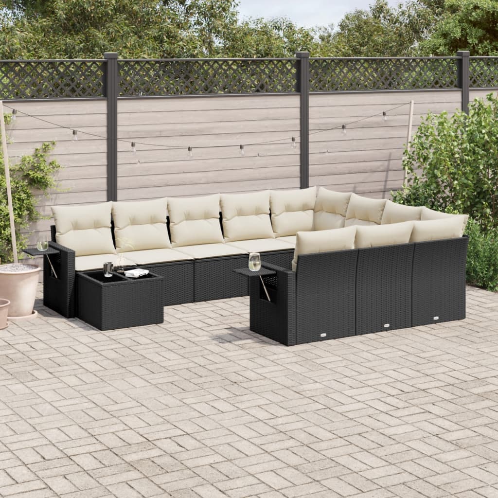 11-delige Loungeset met kussens poly rattan zwart