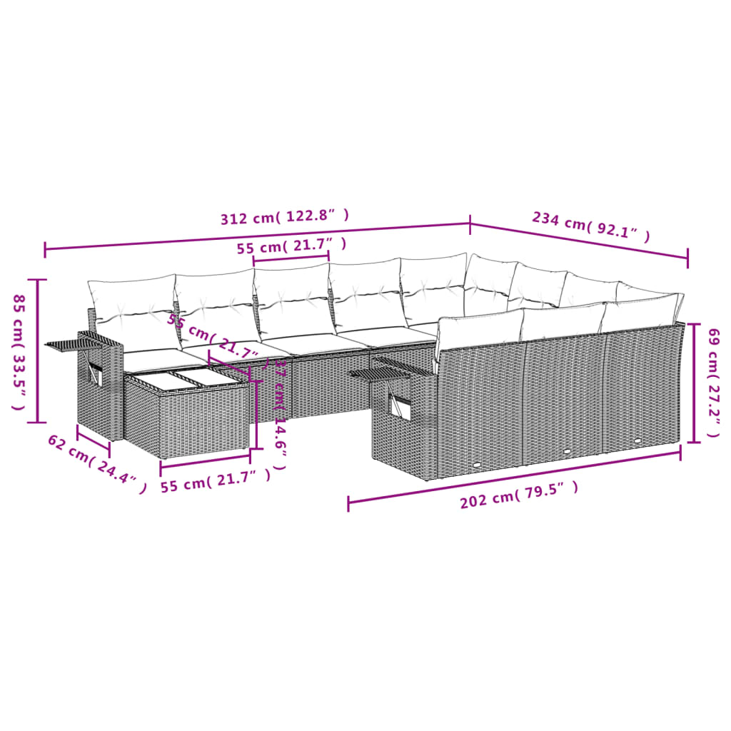 11-delige Loungeset met kussens poly rattan zwart