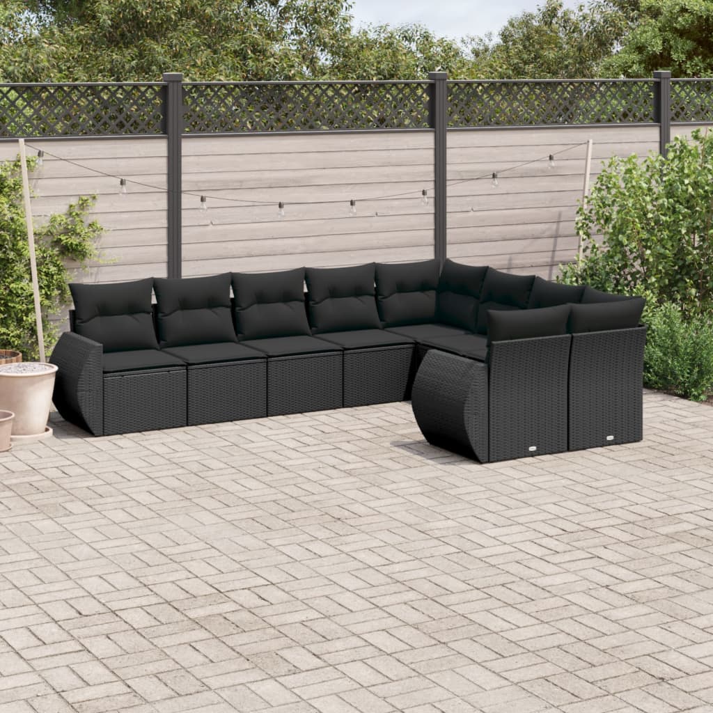 10-delige Loungeset met kussens poly rattan zwart