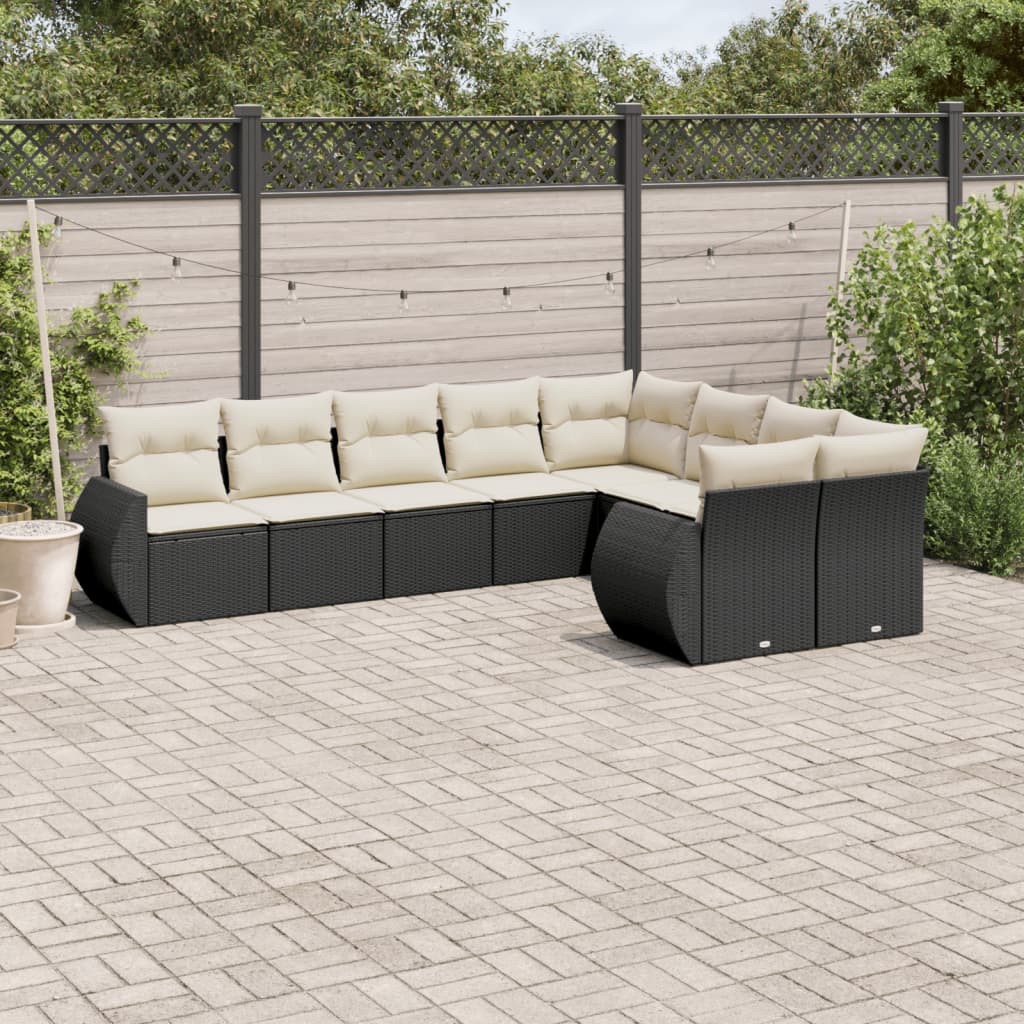 10-delige Loungeset met kussens poly rattan zwart