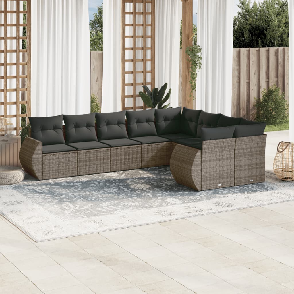 10-delige Loungeset met kussens poly rattan zwart