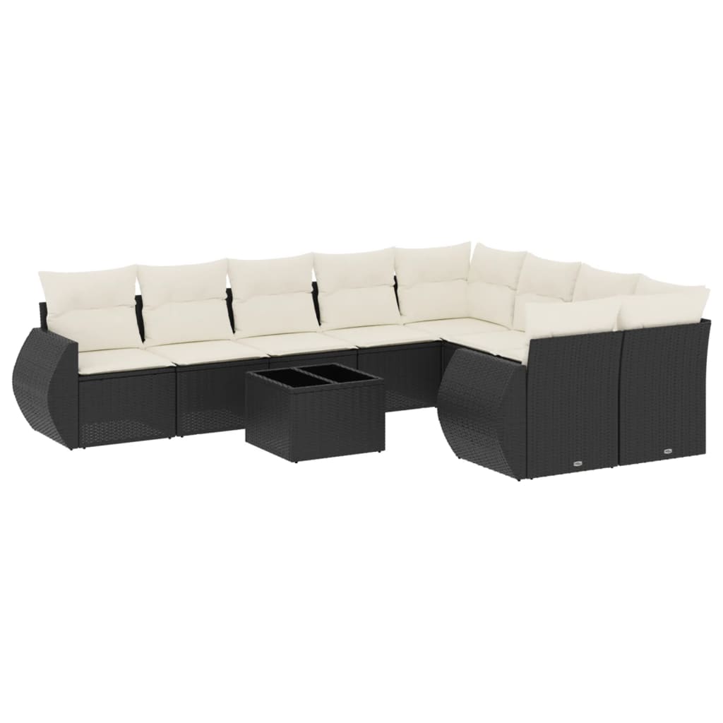 10-delige Loungeset met kussens poly rattan zwart