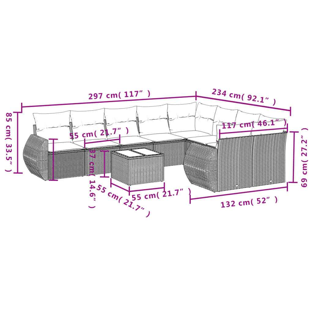 10-delige Loungeset met kussens poly rattan zwart