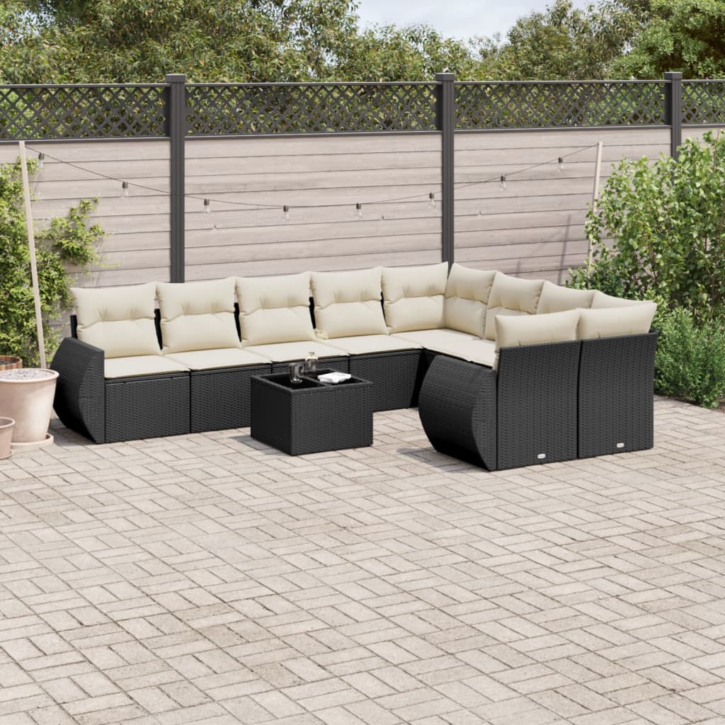 10-delige Loungeset met kussens poly rattan zwart