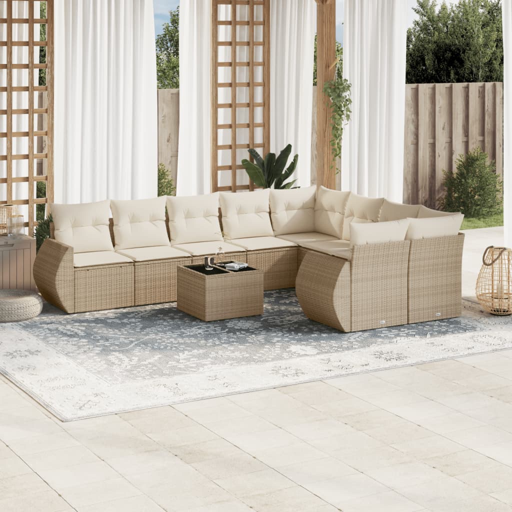 10-delige Loungeset met kussens poly rattan zwart