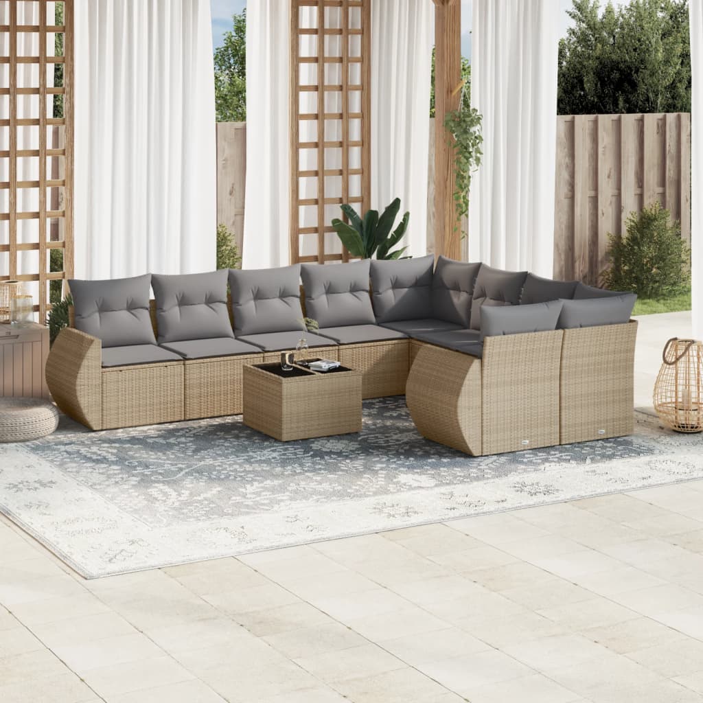 10-delige Loungeset met kussens poly rattan zwart