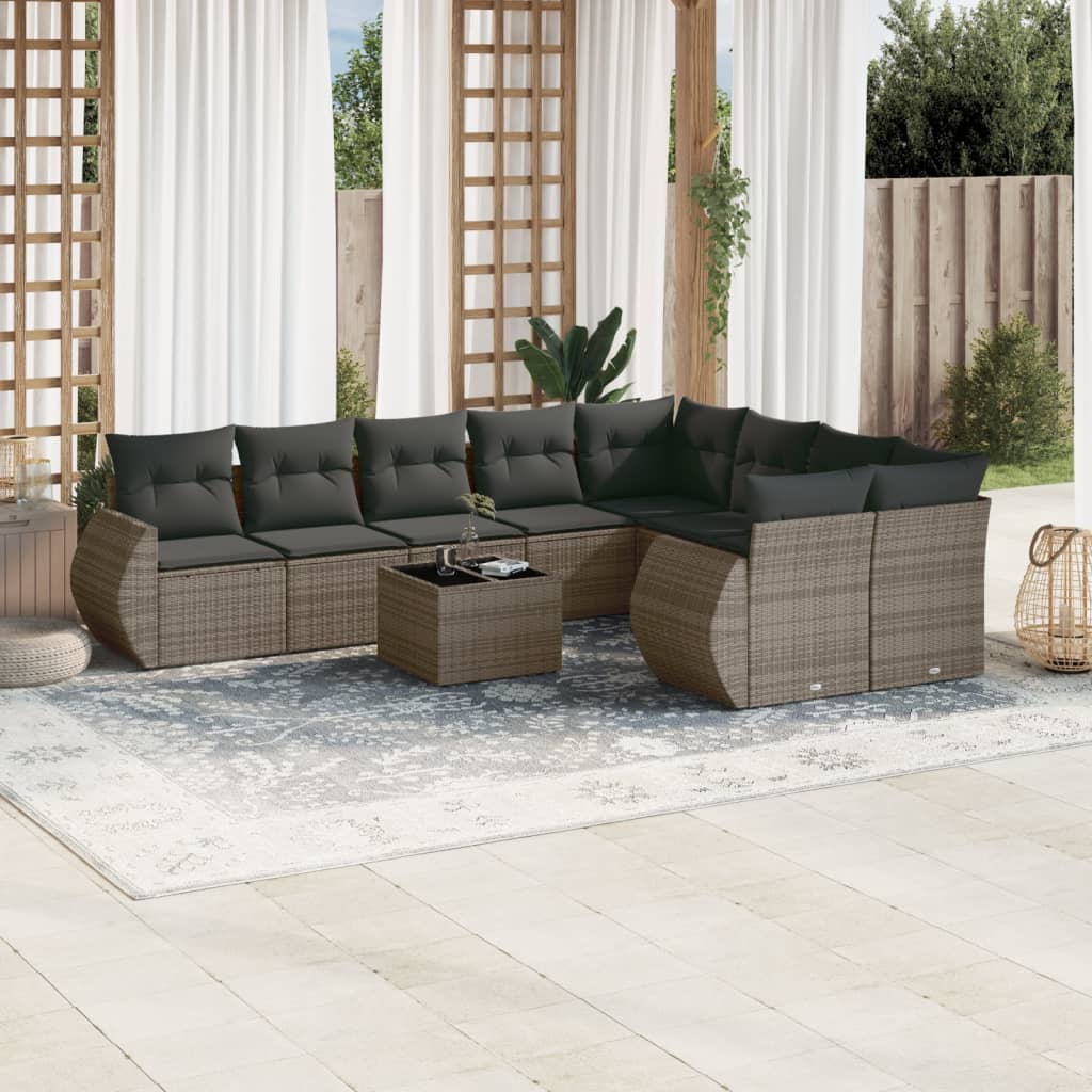 10-delige Loungeset met kussens poly rattan zwart