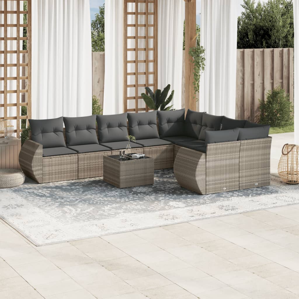 10-delige Loungeset met kussens poly rattan zwart