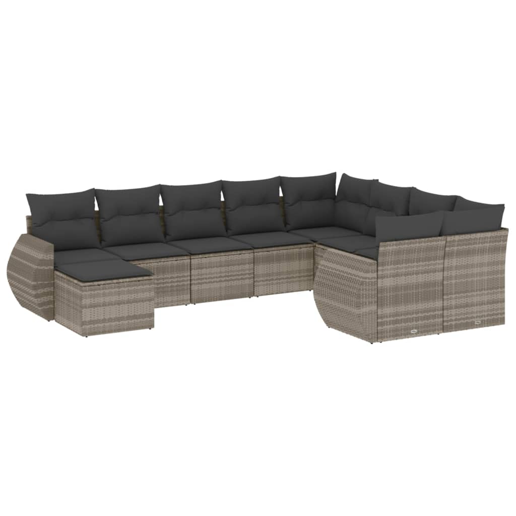 10-delige Loungeset met kussens poly rattan grijs