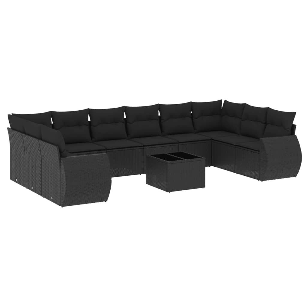 11-delige Loungeset met kussens poly rattan zwart