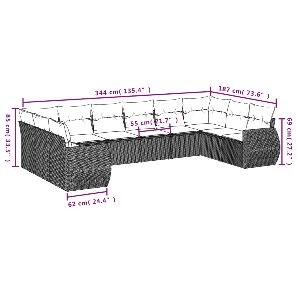 11-delige Loungeset met kussens poly rattan zwart