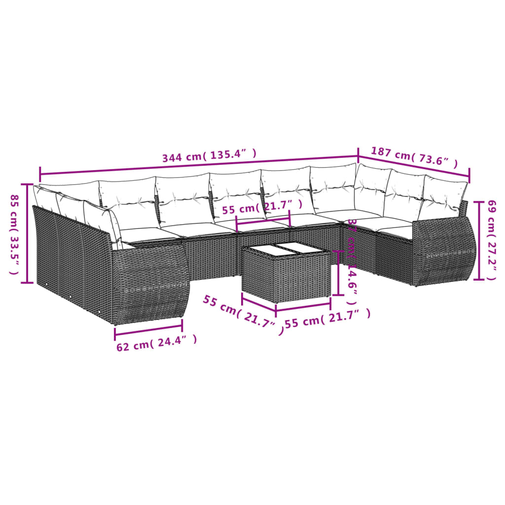 11-delige Loungeset met kussens poly rattan zwart