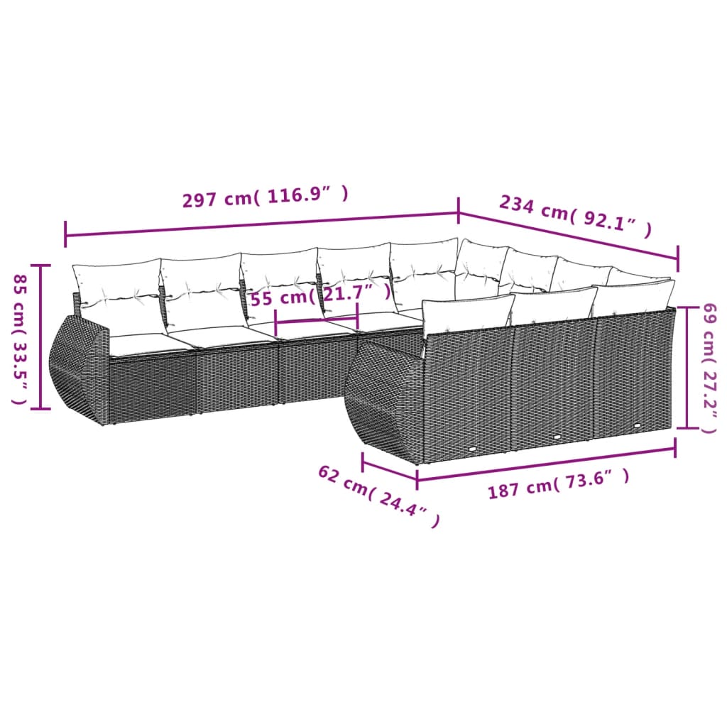 10-delige Loungeset met kussens poly rattan zwart