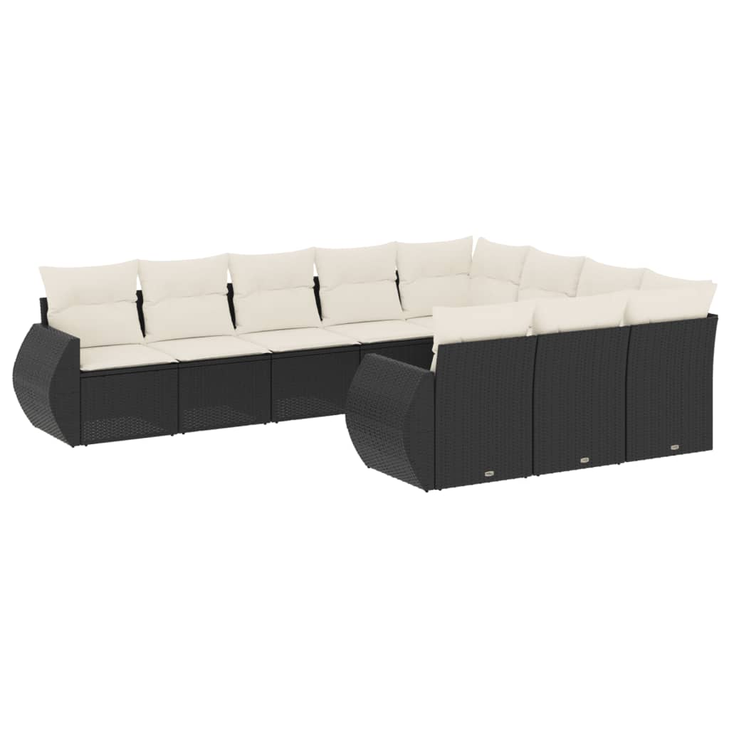 10-delige Loungeset met kussens poly rattan zwart