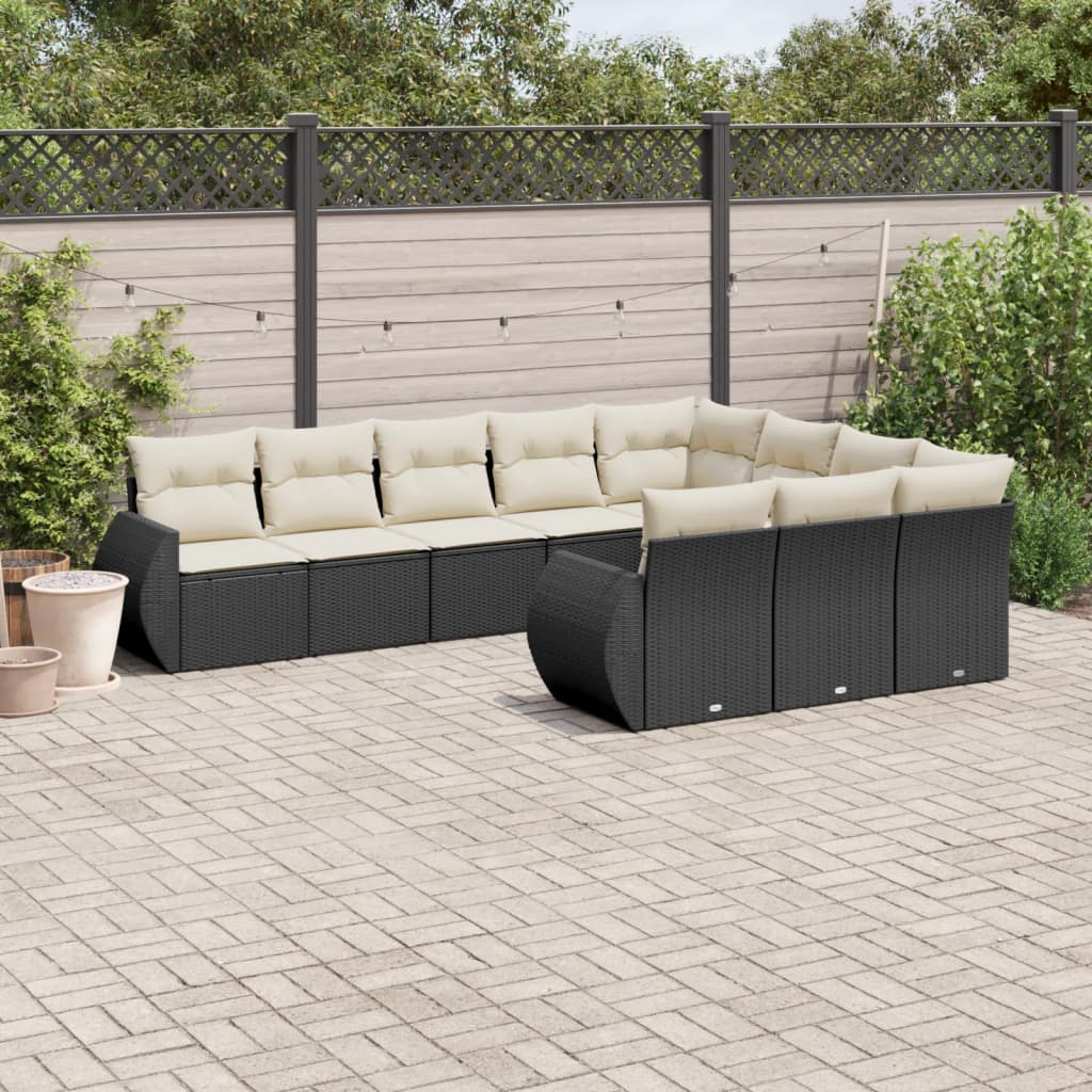 10-delige Loungeset met kussens poly rattan zwart