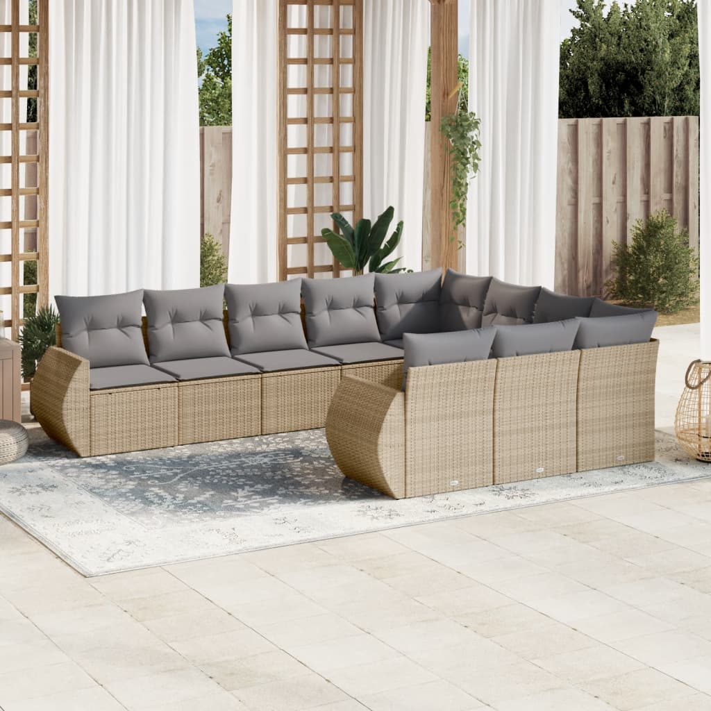 10-delige Loungeset met kussens poly rattan zwart