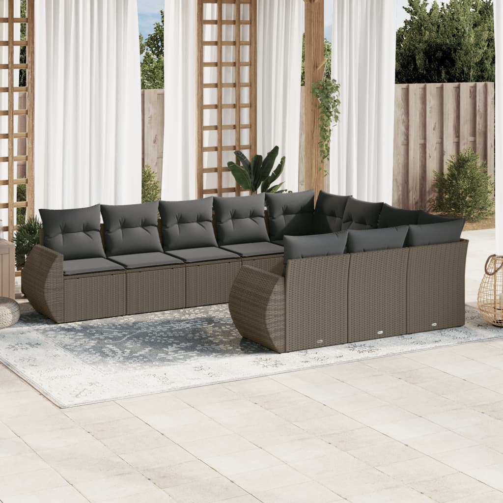 10-delige Loungeset met kussens poly rattan zwart