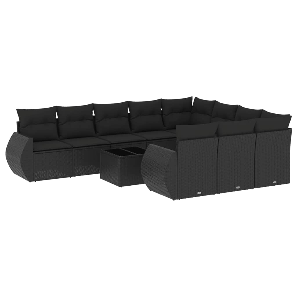 10-delige Loungeset met kussens poly rattan zwart