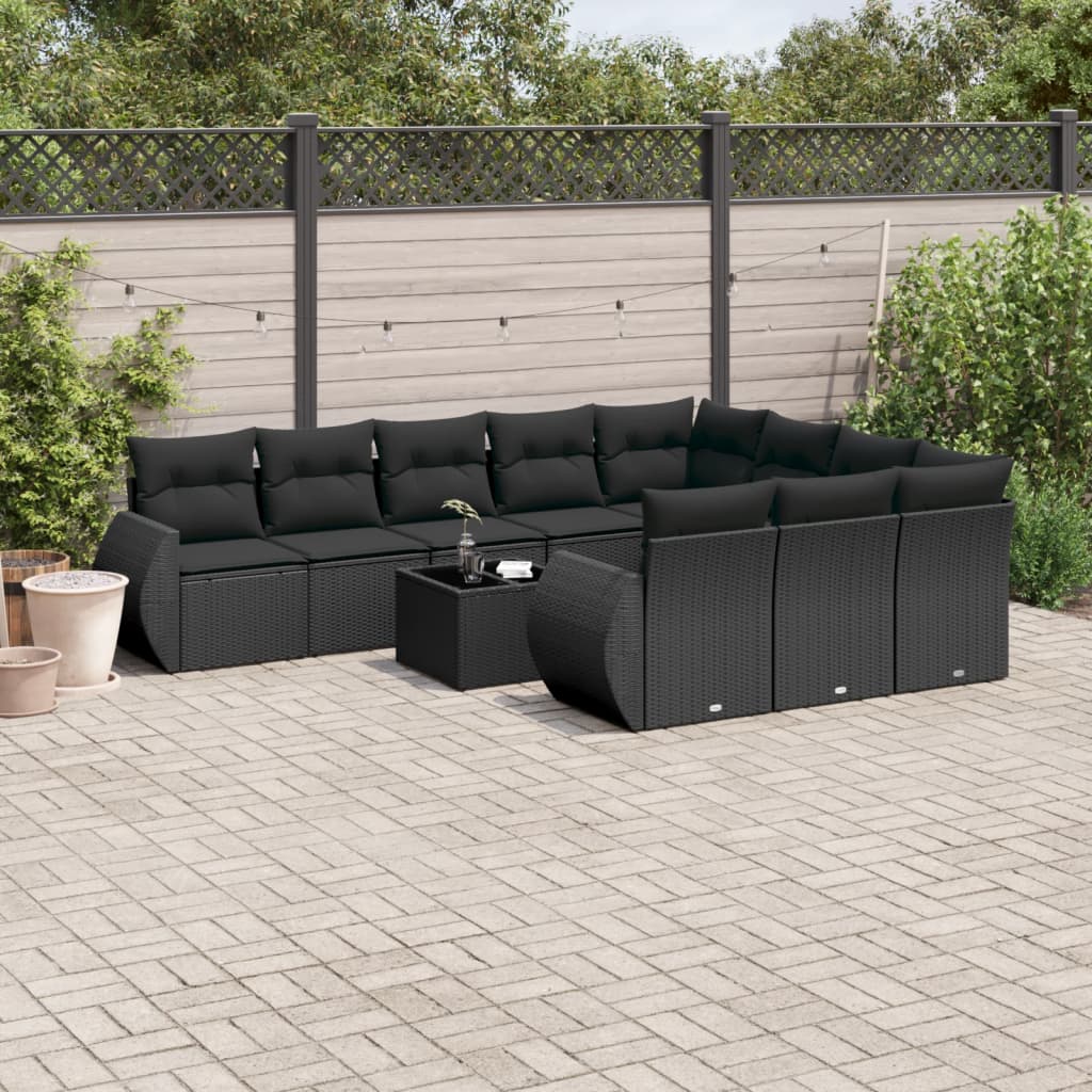 10-delige Loungeset met kussens poly rattan zwart