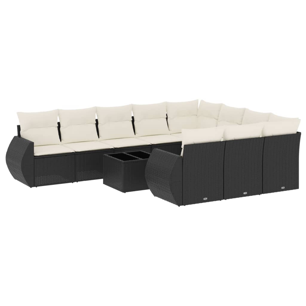 10-delige Loungeset met kussens poly rattan zwart