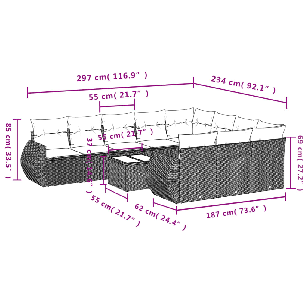 10-delige Loungeset met kussens poly rattan zwart