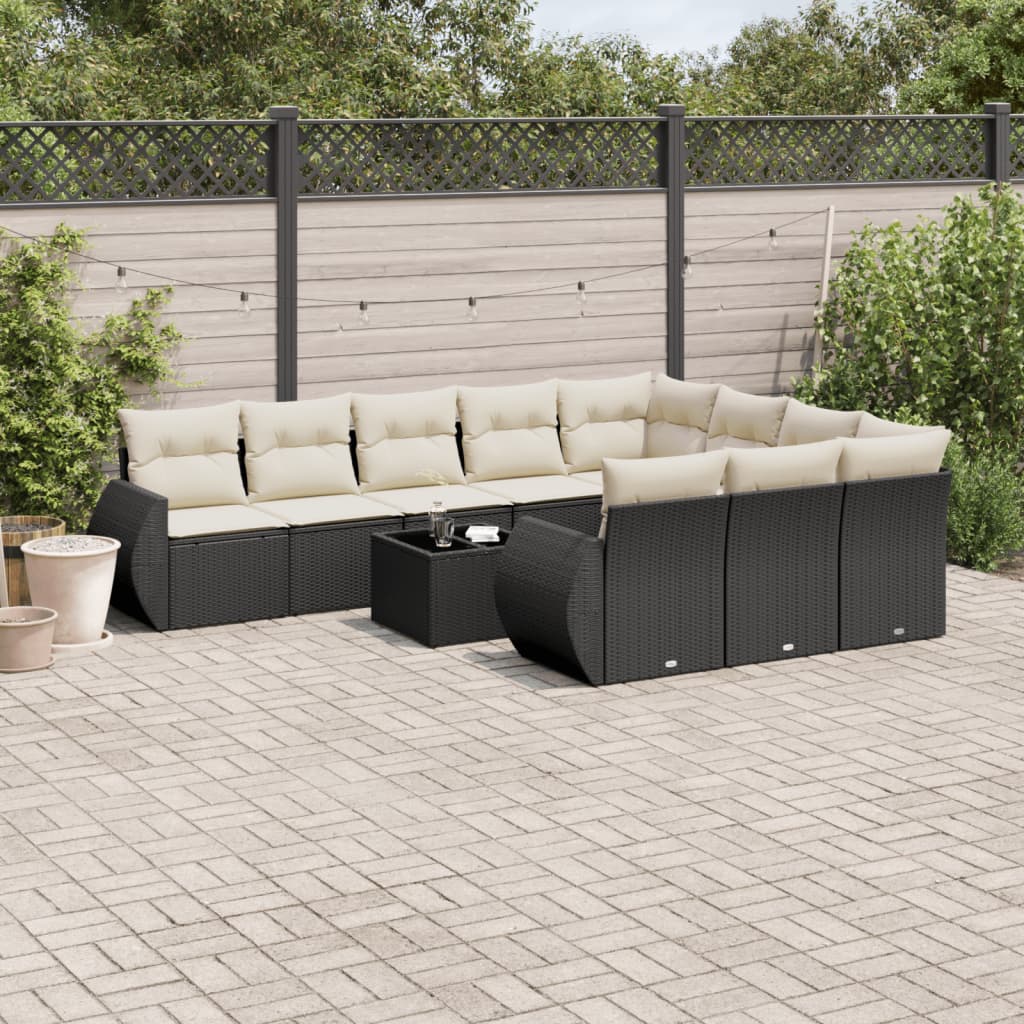 10-delige Loungeset met kussens poly rattan zwart