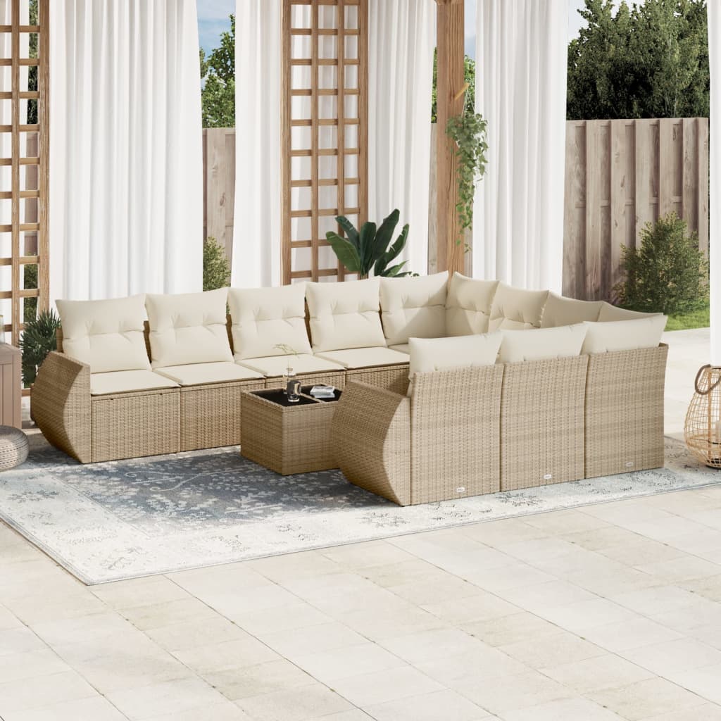 10-delige Loungeset met kussens poly rattan zwart