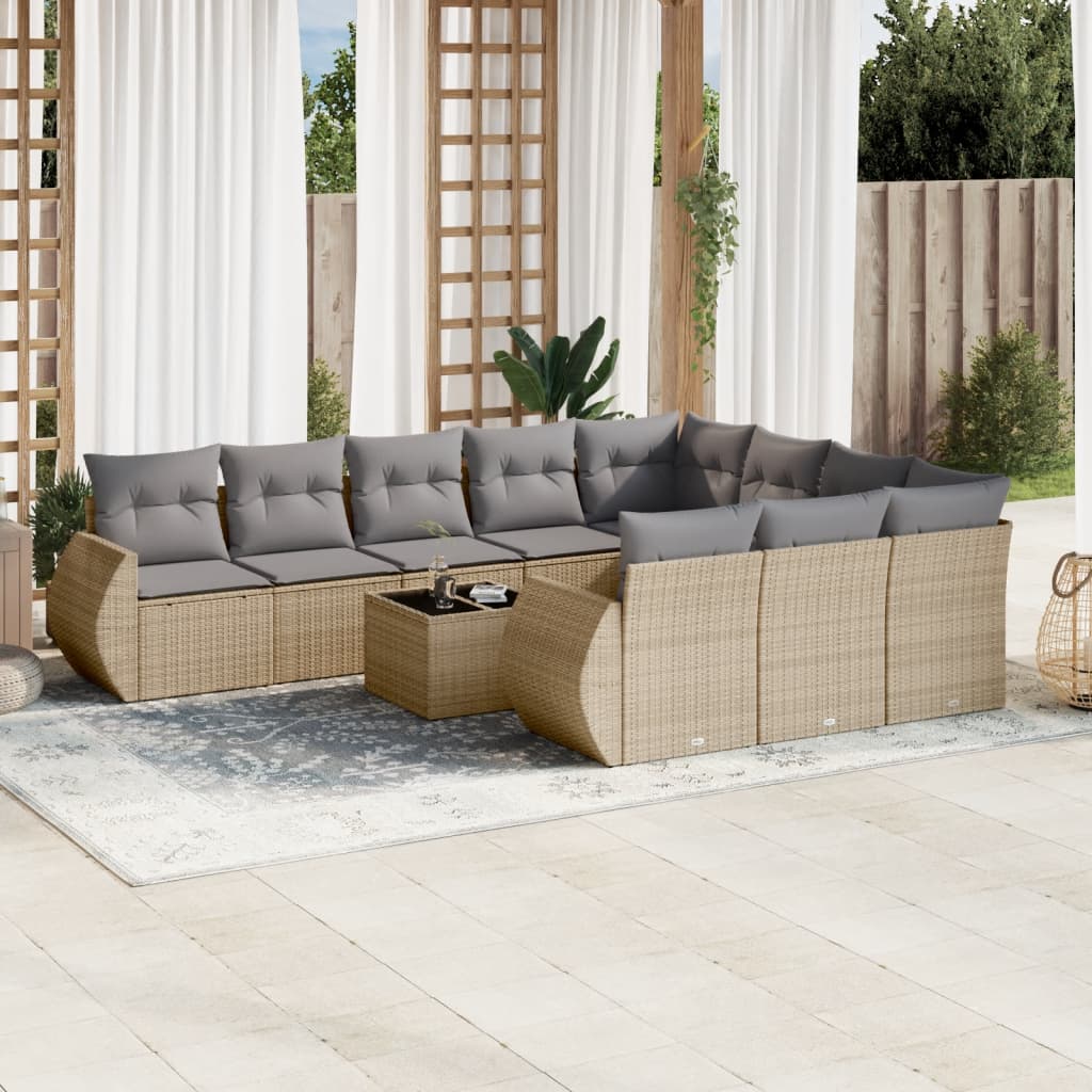 10-delige Loungeset met kussens poly rattan zwart