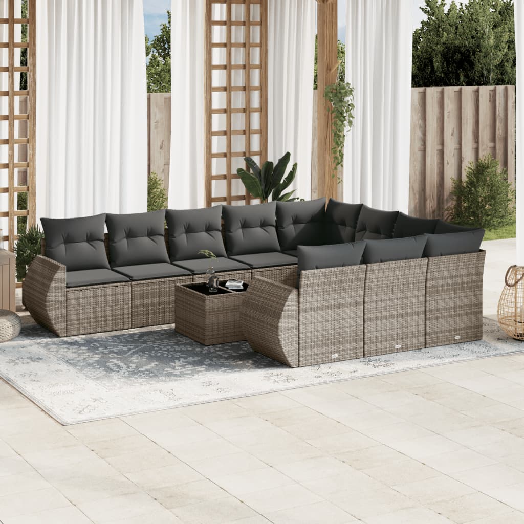 10-delige Loungeset met kussens poly rattan zwart