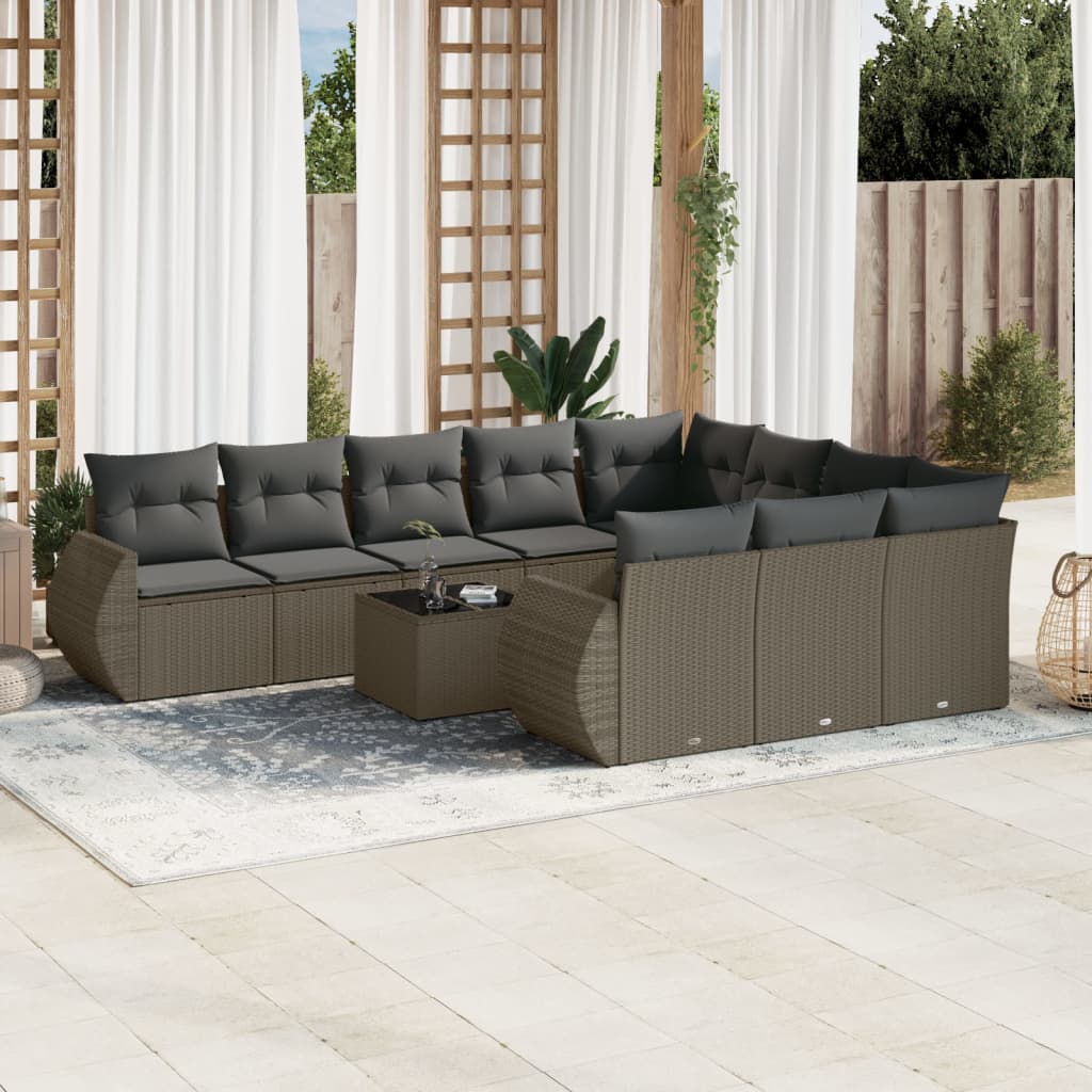 10-delige Loungeset met kussens poly rattan zwart