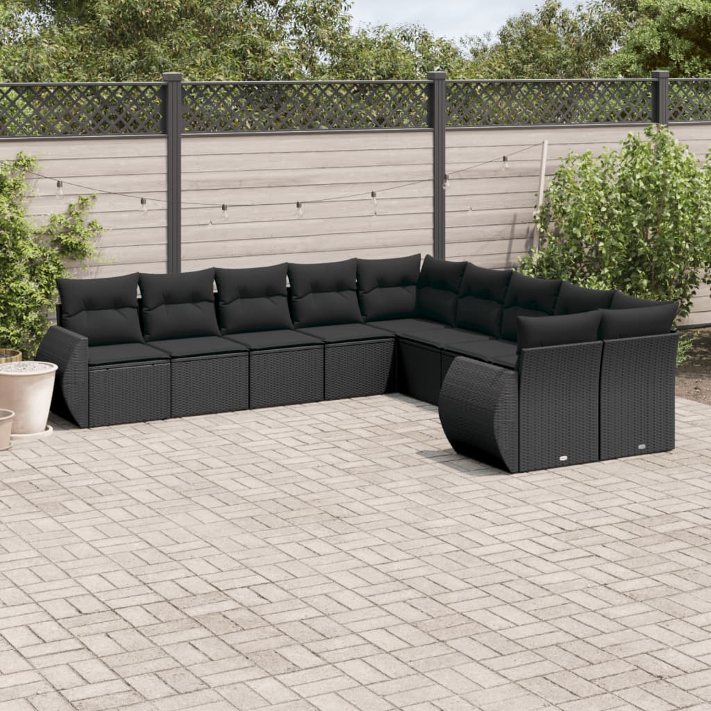 11-delige Loungeset met kussens poly rattan zwart