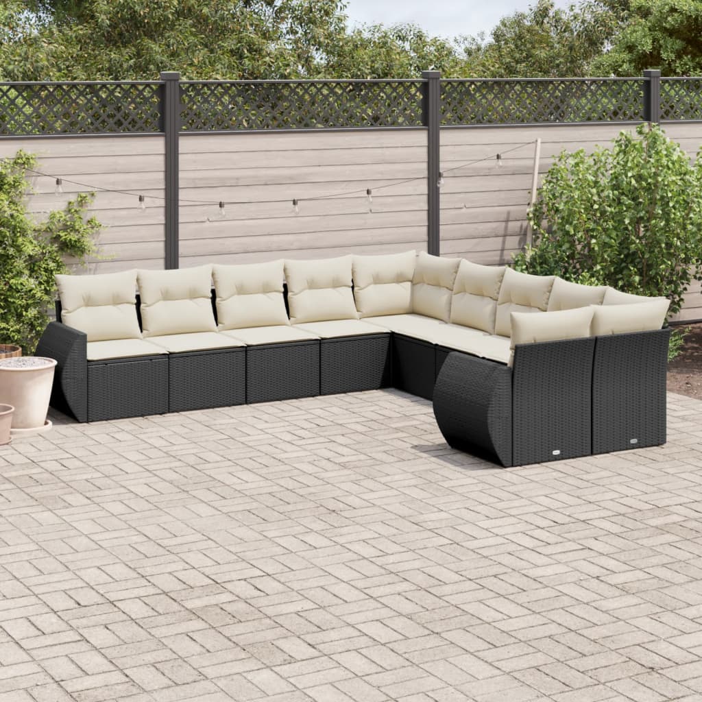 11-delige Loungeset met kussens poly rattan zwart