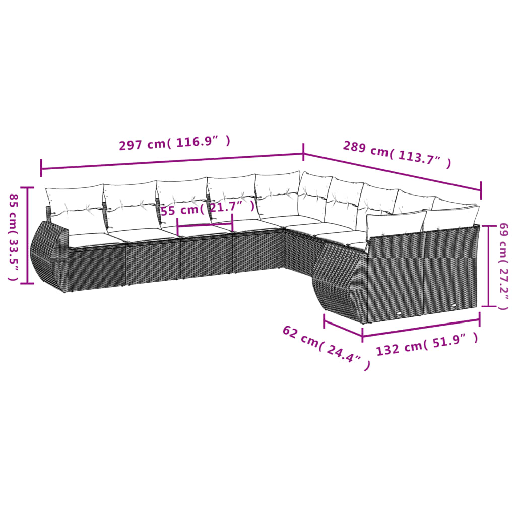 11-delige Loungeset met kussens poly rattan zwart