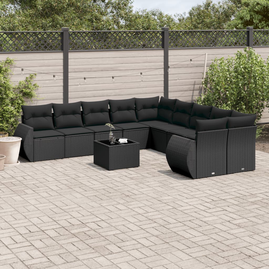 11-delige Loungeset met kussens poly rattan zwart