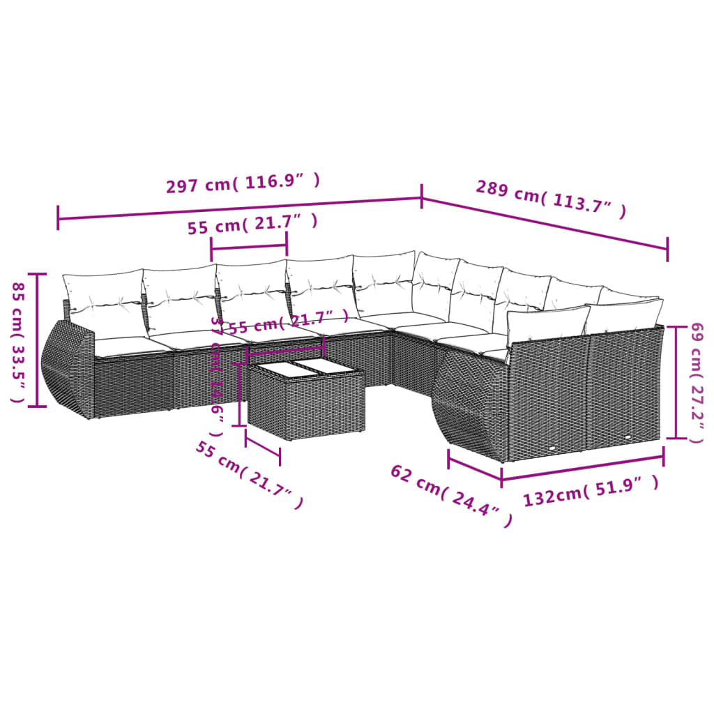 11-delige Loungeset met kussens poly rattan zwart