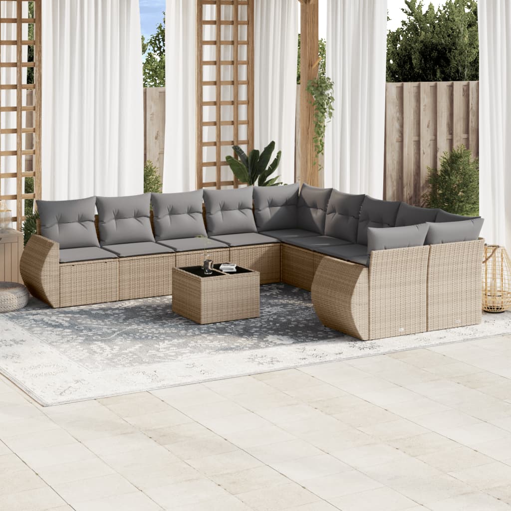 11-delige Loungeset met kussens poly rattan zwart