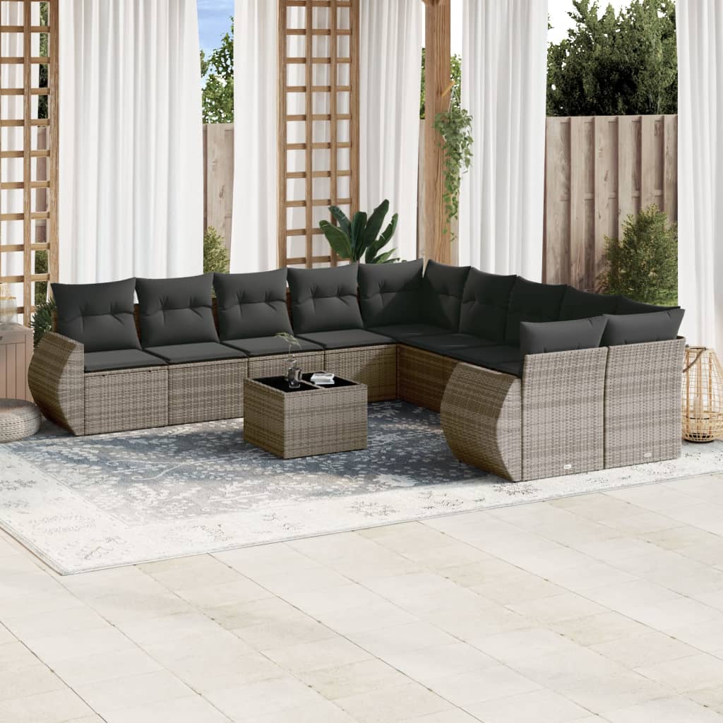 11-delige Loungeset met kussens poly rattan zwart