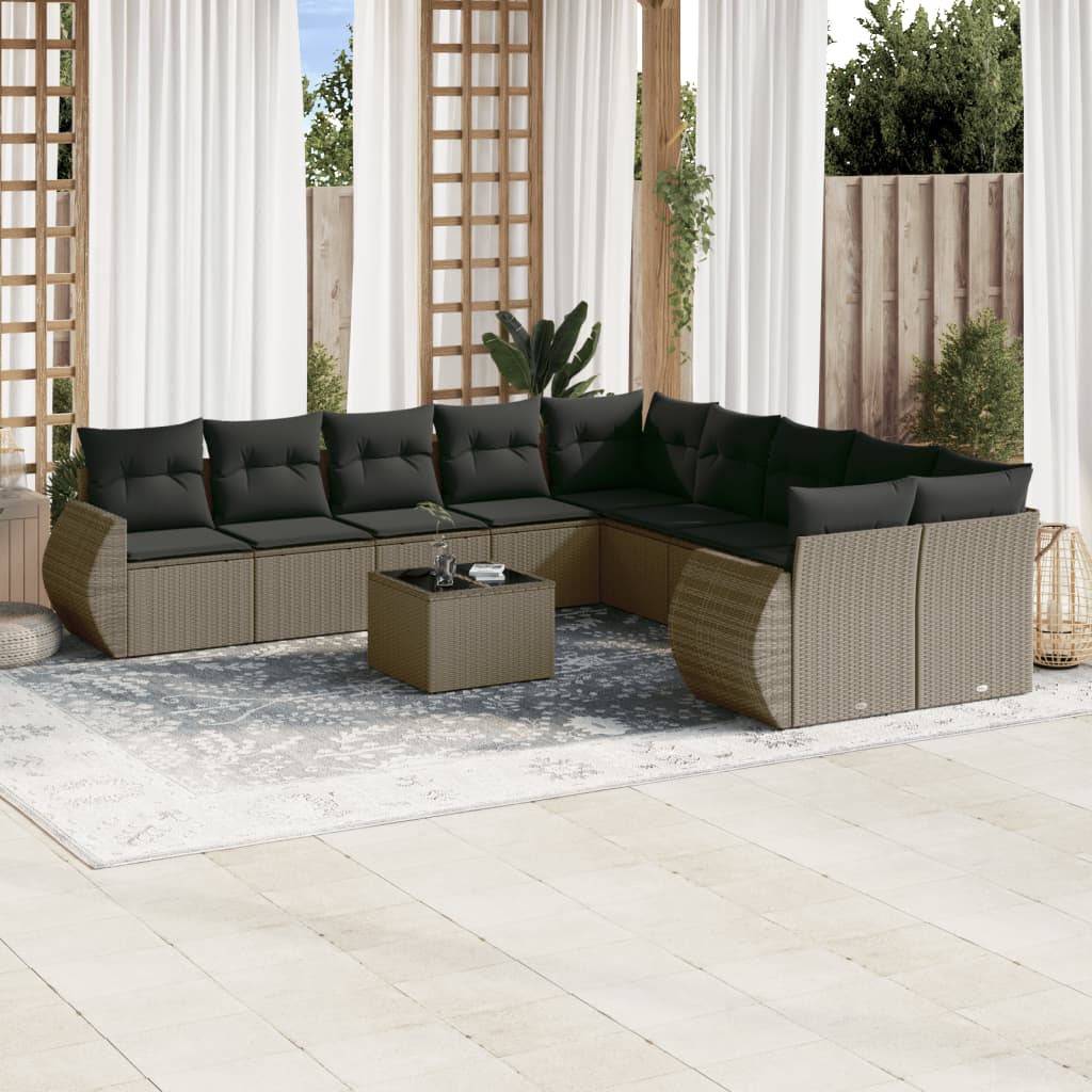 11-delige Loungeset met kussens poly rattan zwart