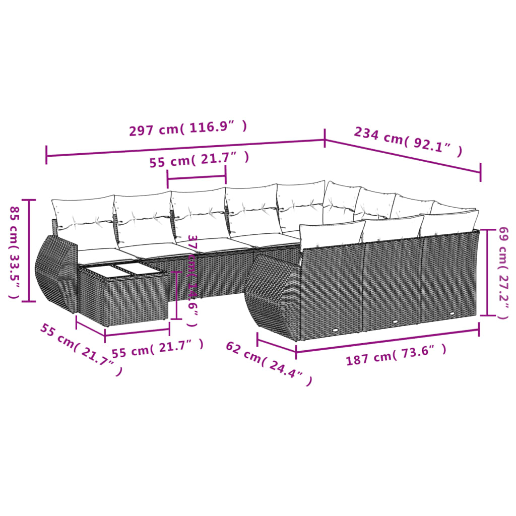 11-delige Loungeset met kussens poly rattan grijs