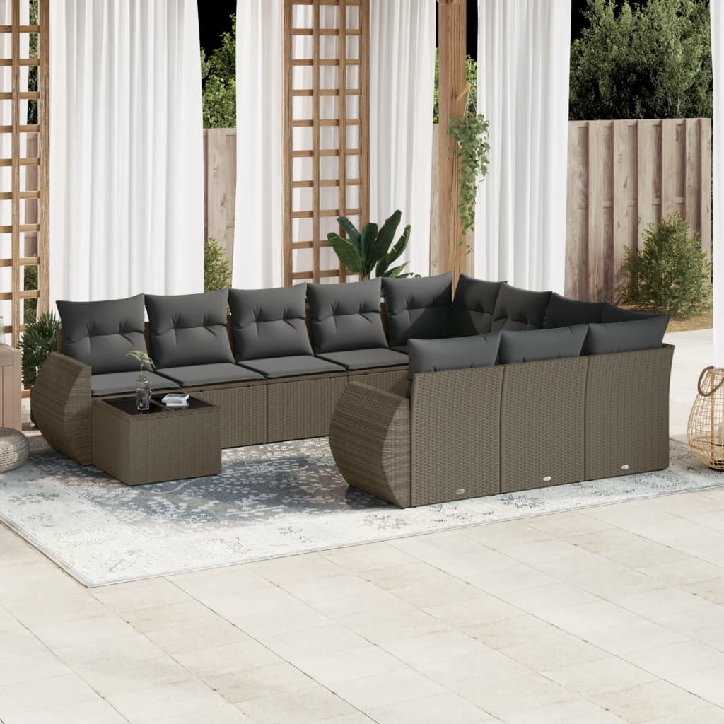 11-delige Loungeset met kussens poly rattan grijs