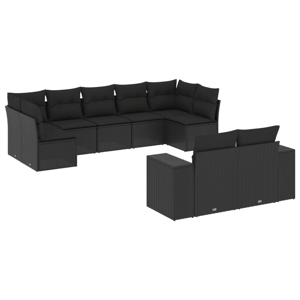 10-delige Loungeset met kussens poly rattan zwart