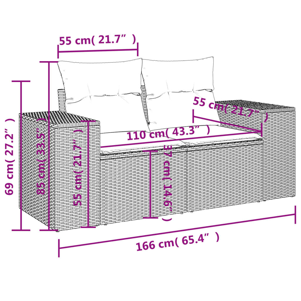 10-delige Loungeset met kussens poly rattan zwart