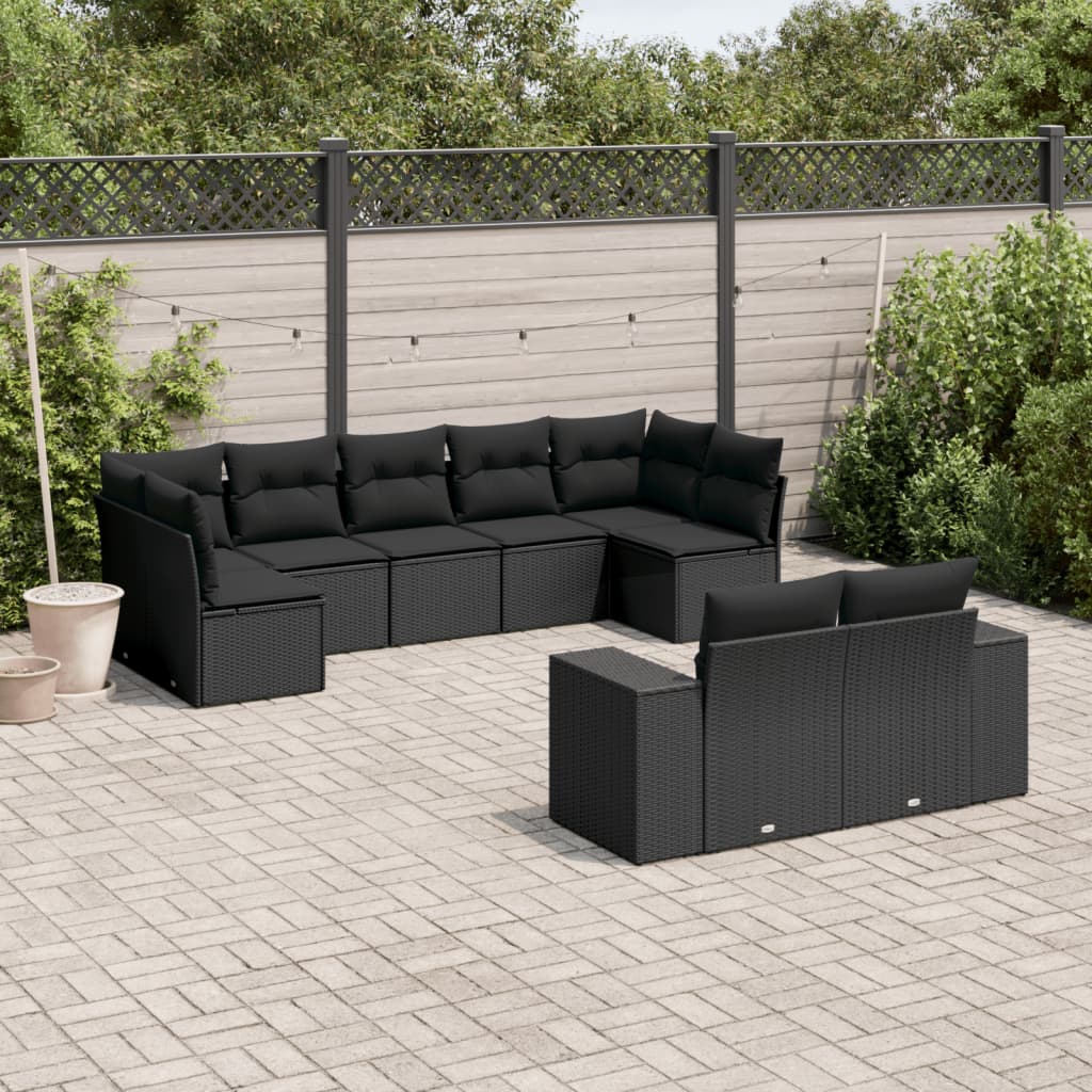 10-delige Loungeset met kussens poly rattan zwart