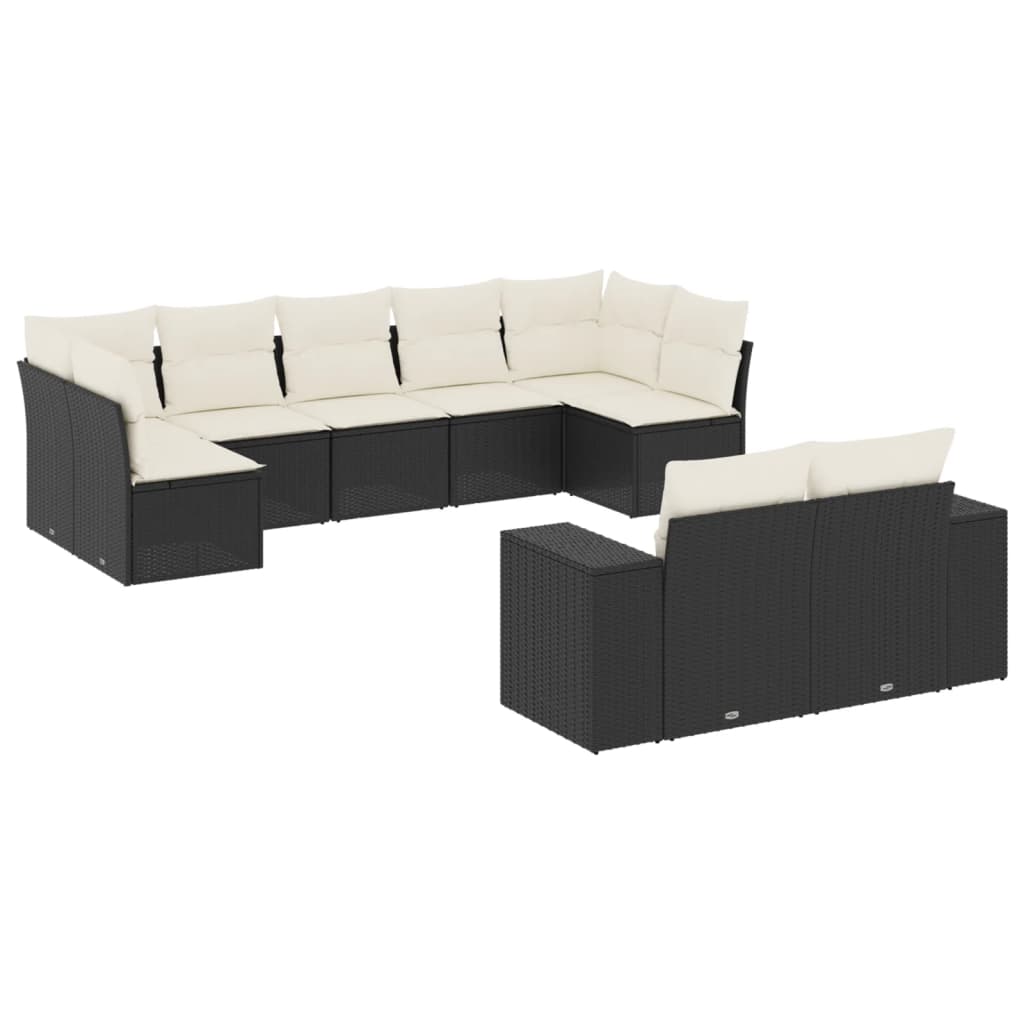 10-delige Loungeset met kussens poly rattan zwart