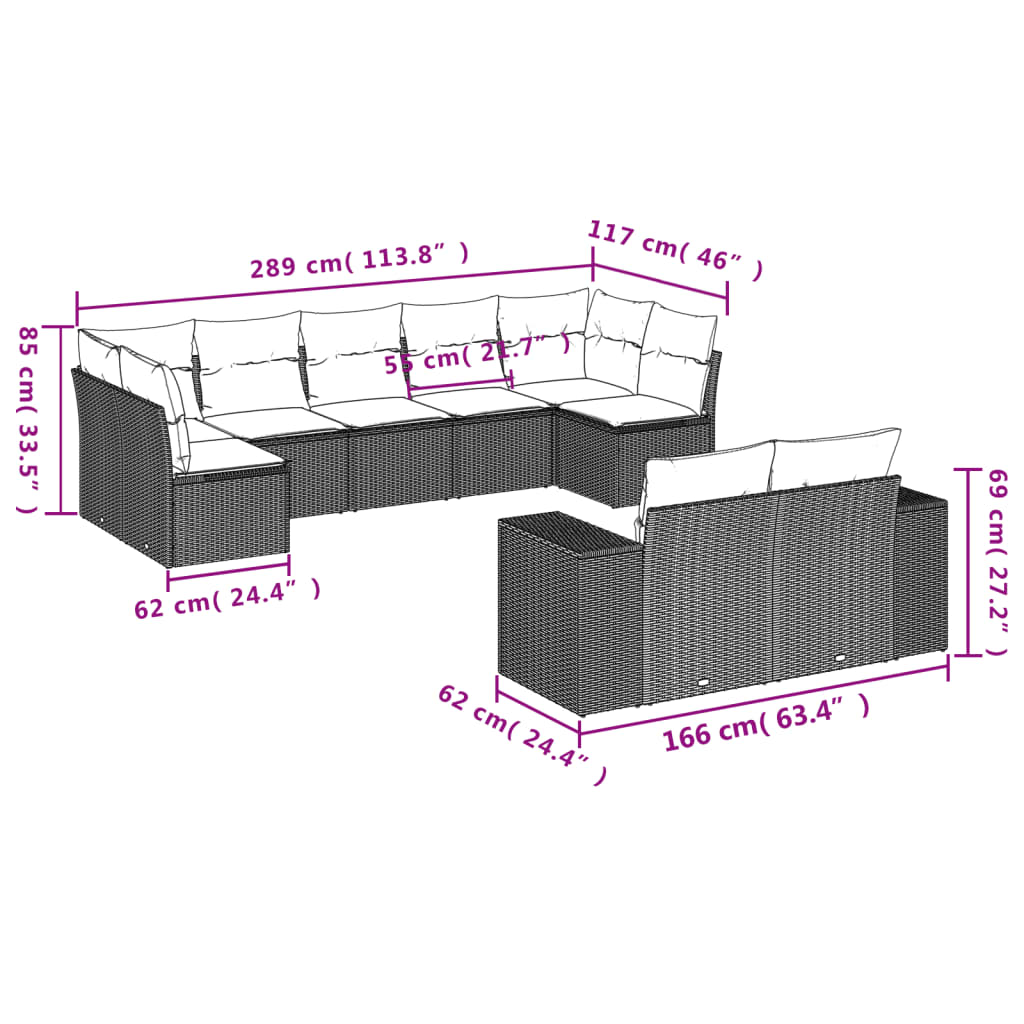 10-delige Loungeset met kussens poly rattan zwart