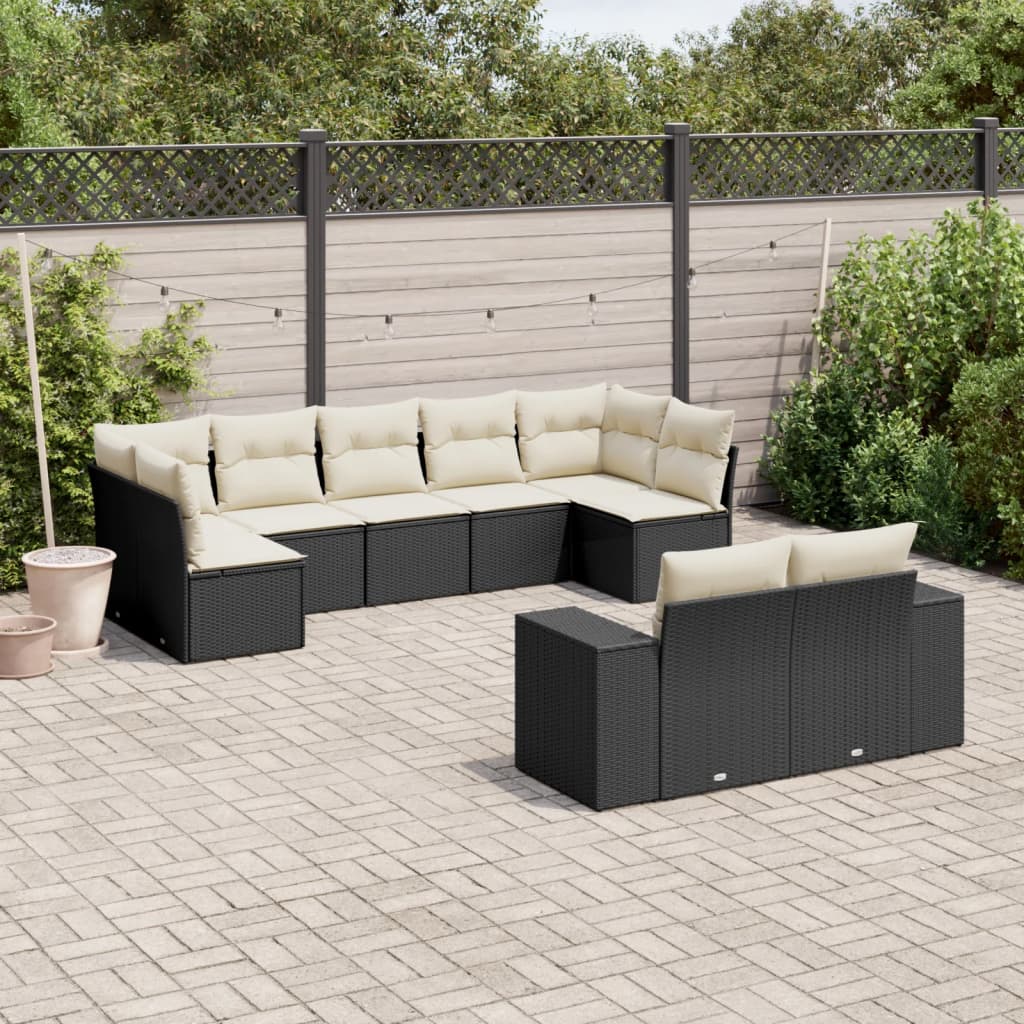 10-delige Loungeset met kussens poly rattan zwart