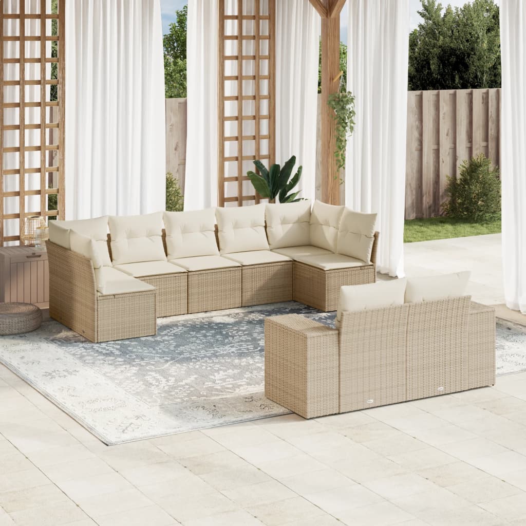 10-delige Loungeset met kussens poly rattan zwart