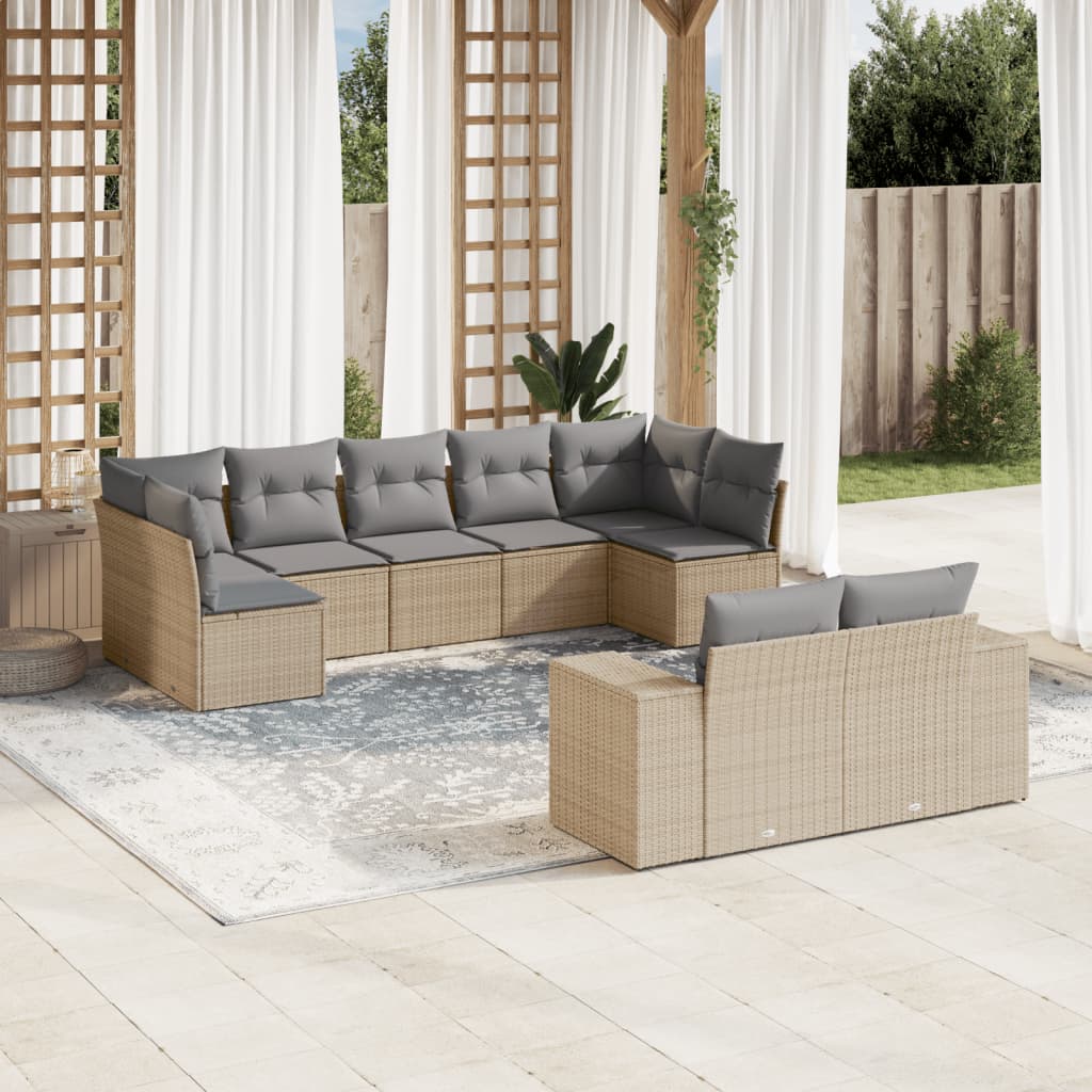 10-delige Loungeset met kussens poly rattan zwart