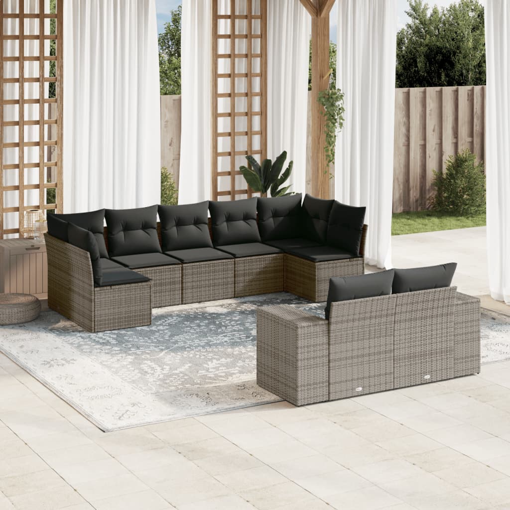 10-delige Loungeset met kussens poly rattan zwart