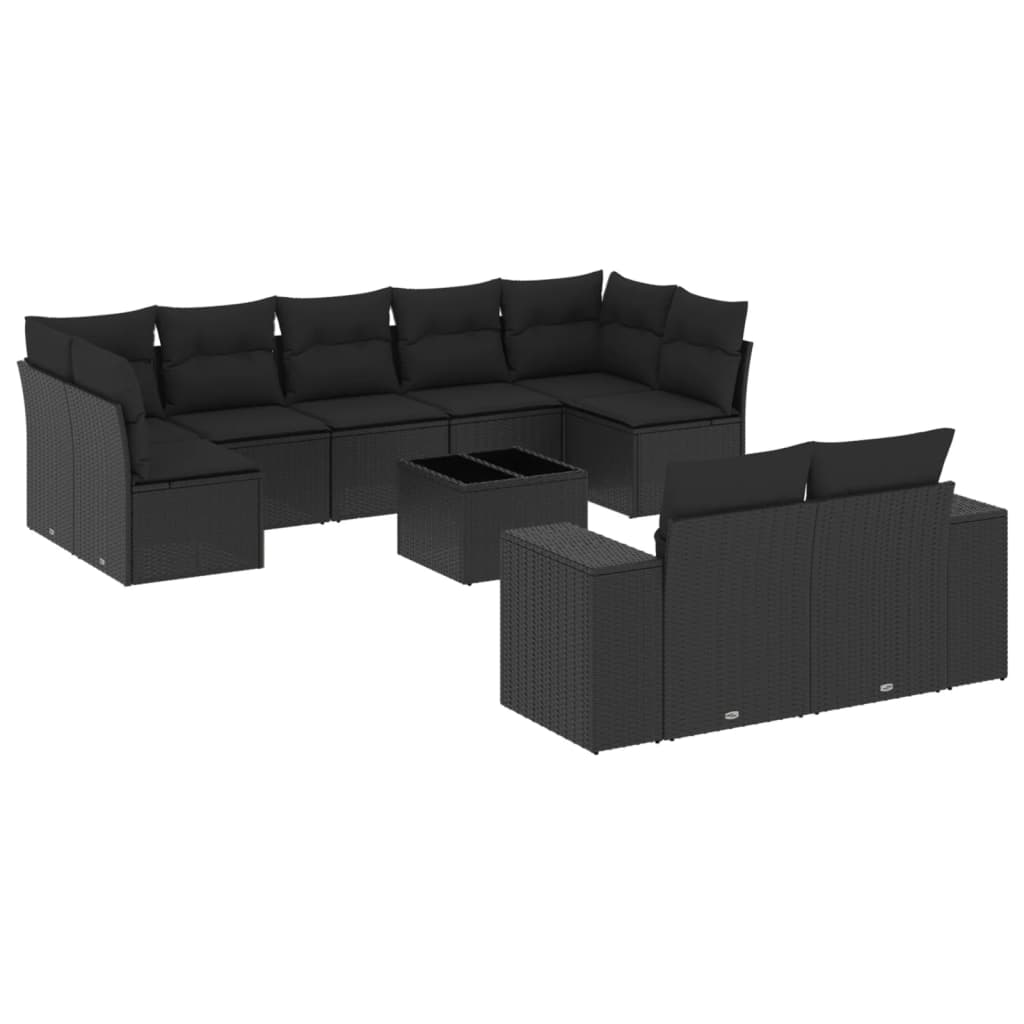 10-delige Loungeset met kussens poly rattan zwart